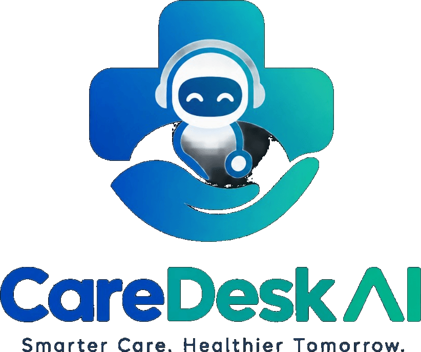 CareDesk AI logo: a friendly robot with a headset and stethoscope inside a medical cross, cradled by a hand.