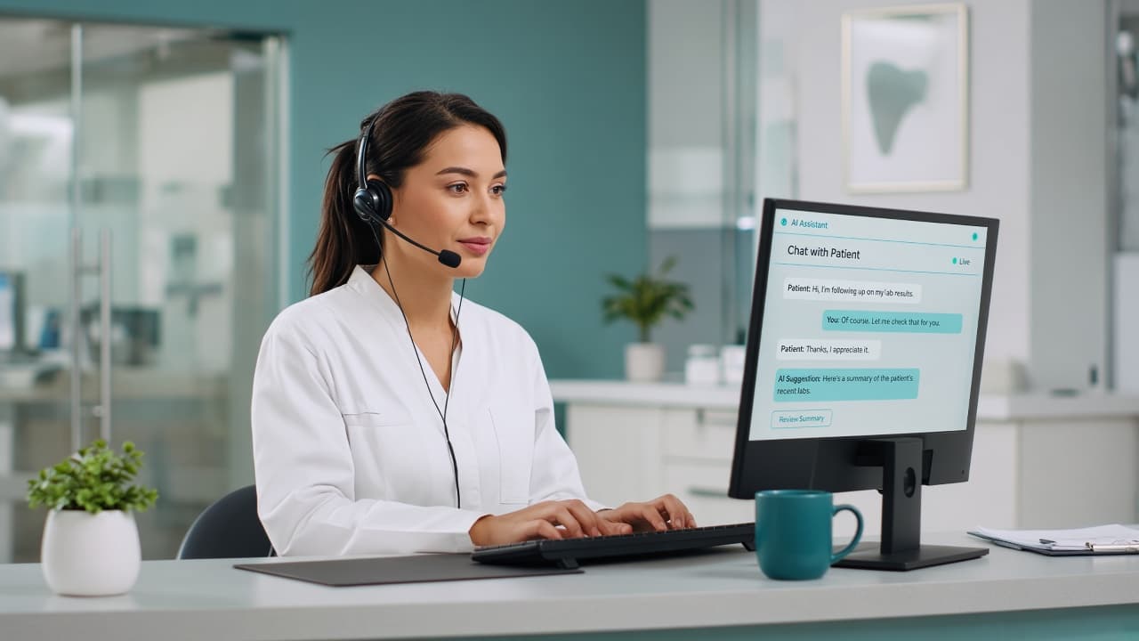 Receptionist taking over an AI chat at the front desk