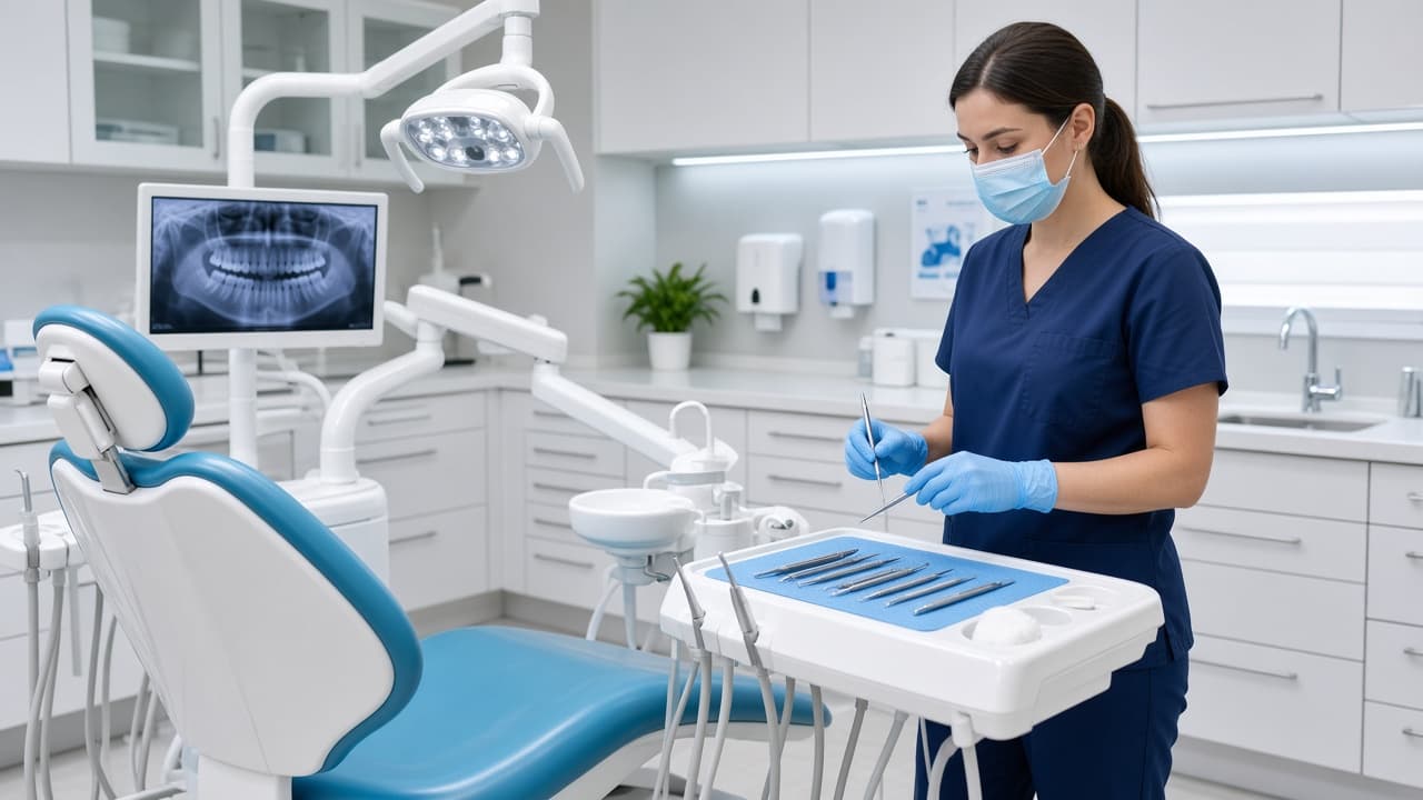 Dental operatory chair prepared for a hygiene appointment