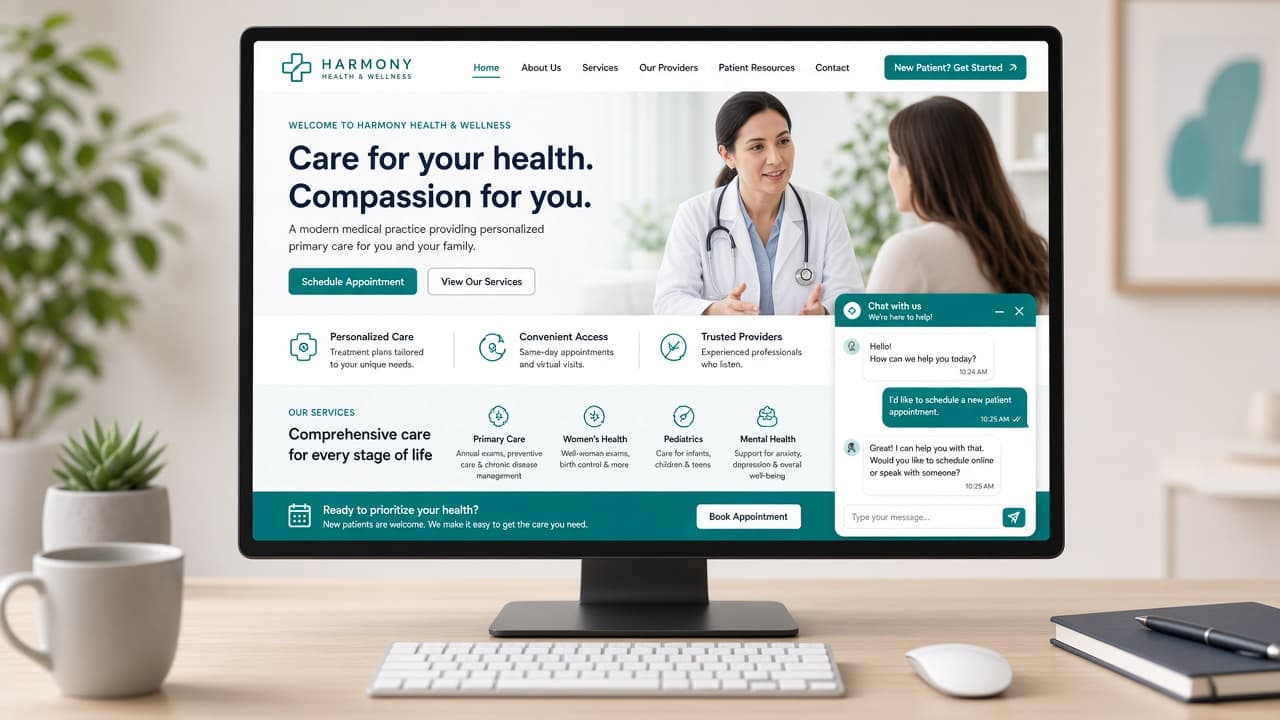 Clinic website with an embedded chat widget on a desktop