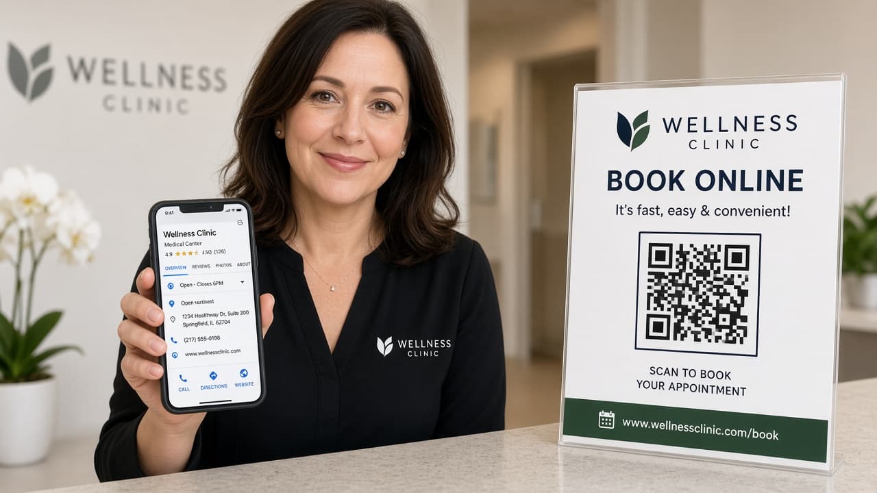 Clinic booking QR code and Google Business listing on a phone