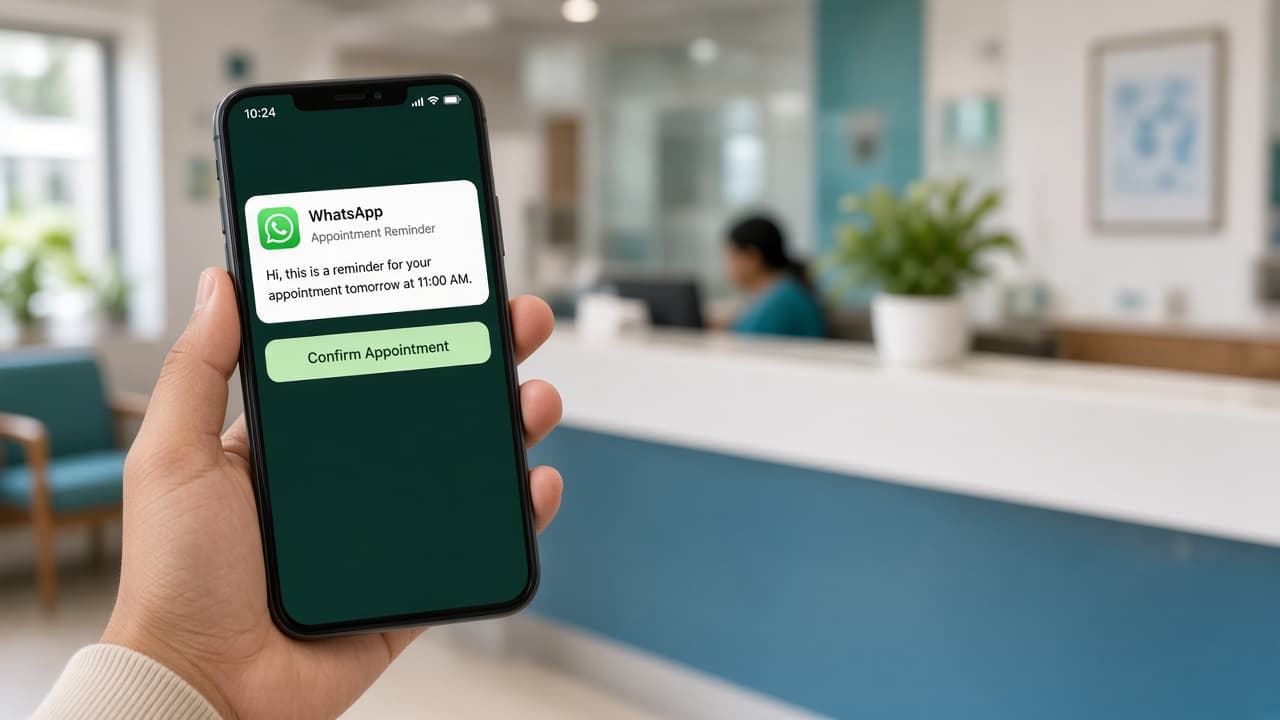 Phone showing a WhatsApp appointment reminder at a clinic desk