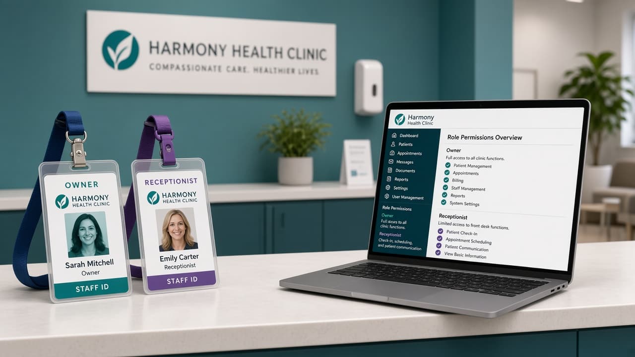 Owner and receptionist role badges beside a clinic laptop