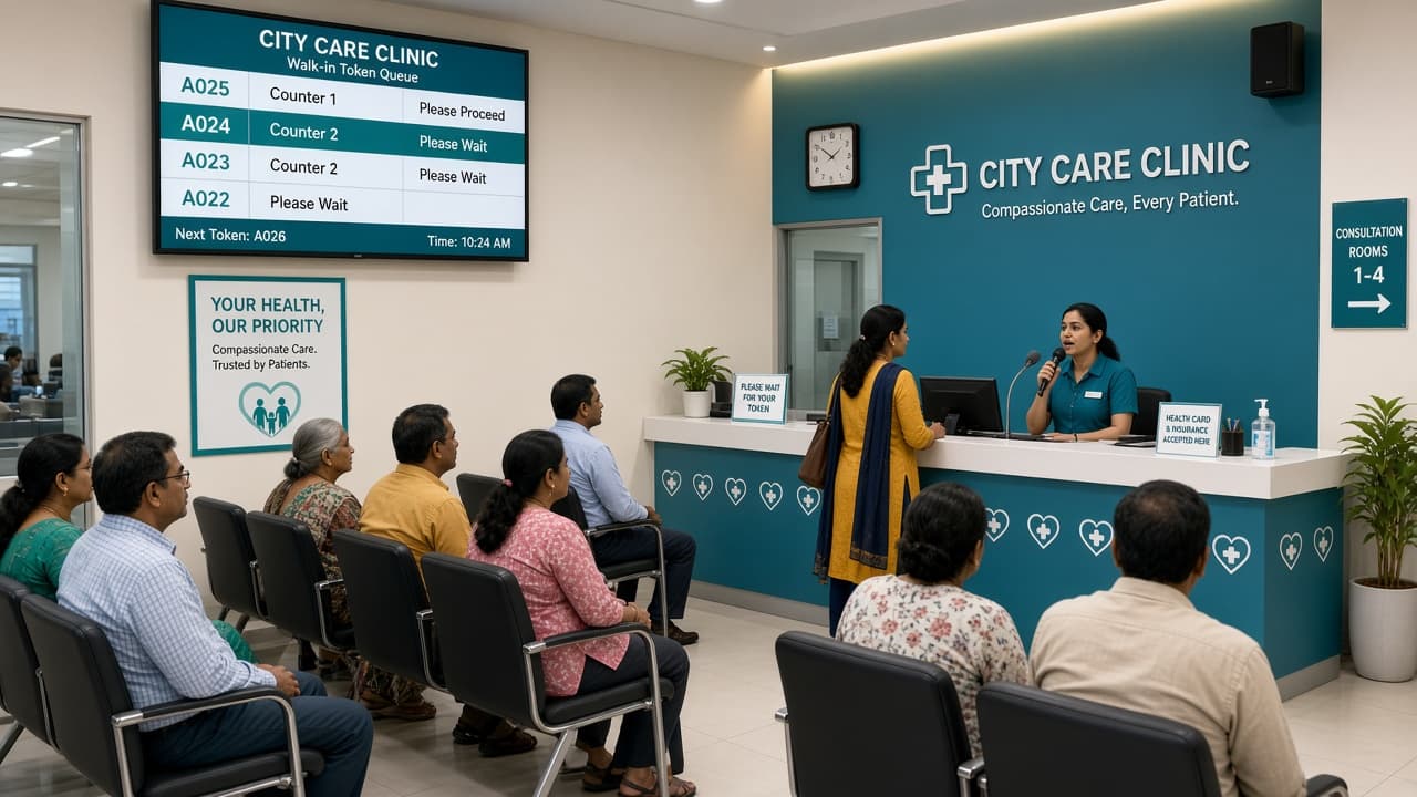 Walk-in token queue display in a busy clinic waiting room