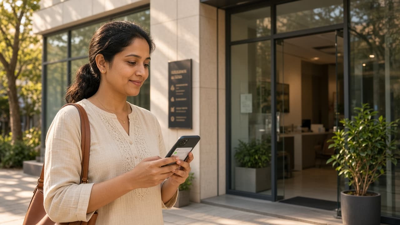 Patient messaging a clinic on WhatsApp outside the entrance