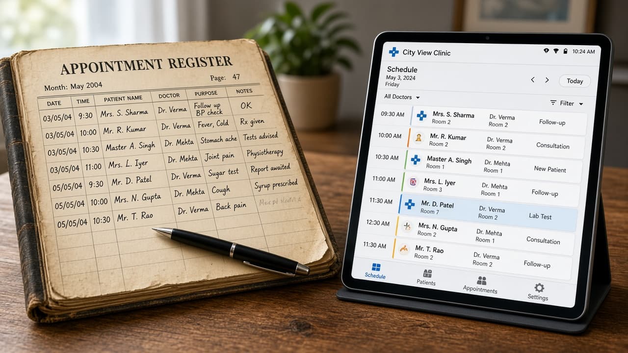 Paper appointment register beside a digital clinic tablet