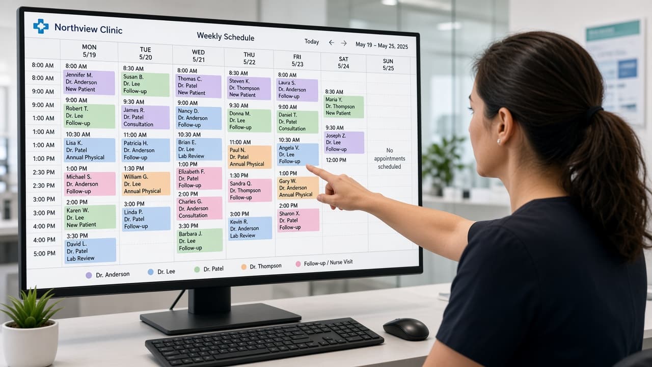 Week calendar of appointments on a clinic monitor