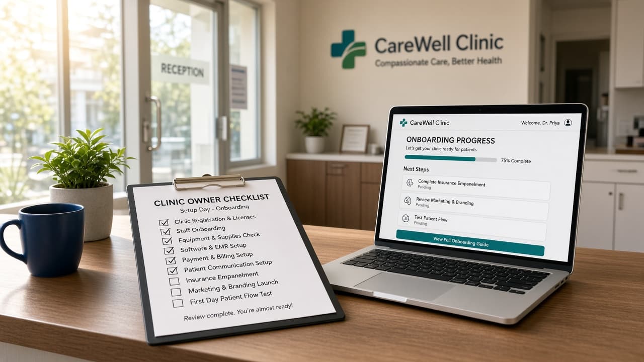 Onboarding checklist and laptop during clinic go-live setup