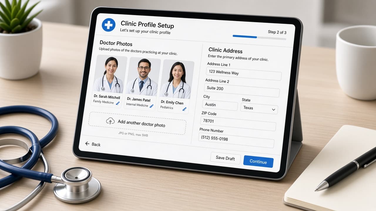 Clinic profile setup on a tablet at the reception desk