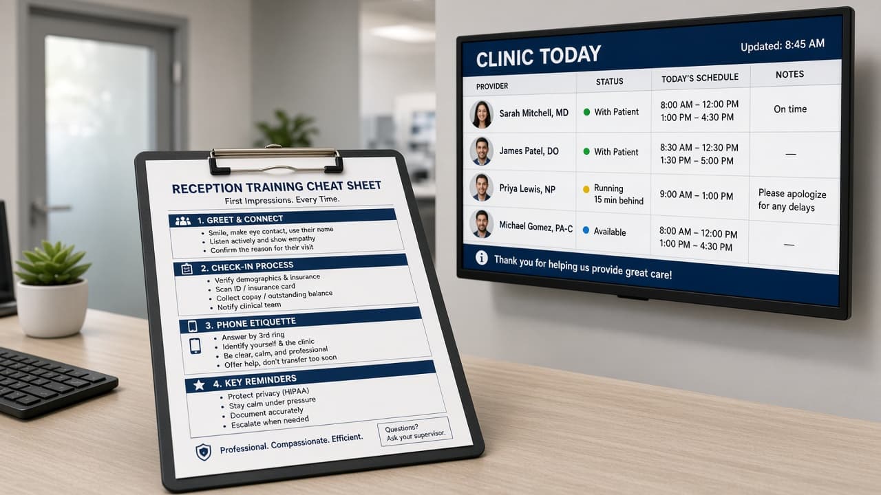 Reception training cheat sheet next to the today board