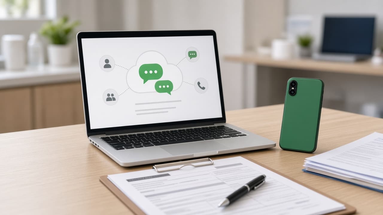 Laptop and phone set up for WhatsApp Business messaging