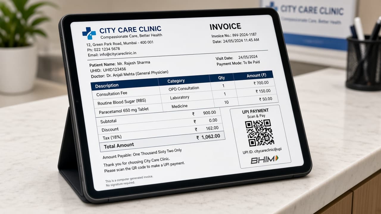 Clinic payment QR and invoice at reception