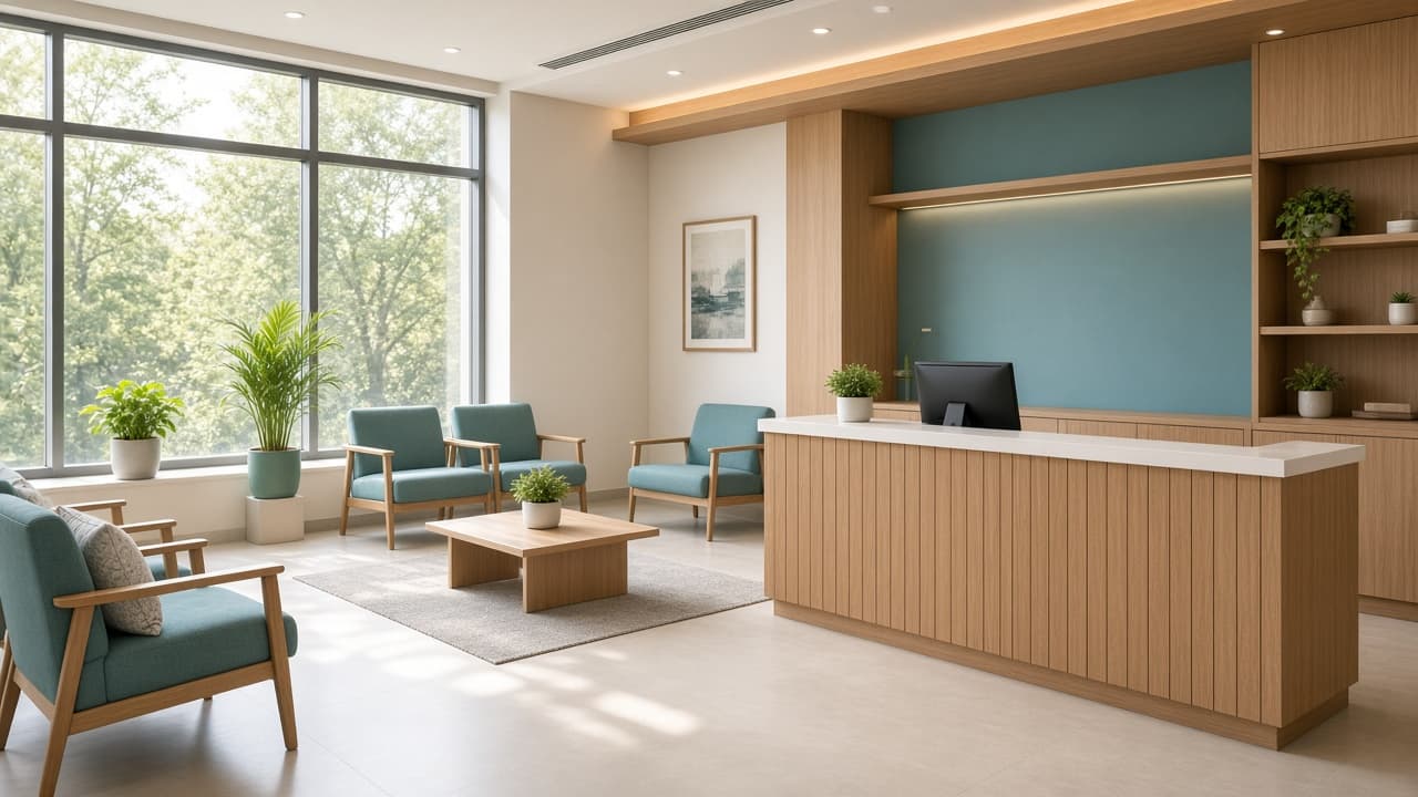Calm modern clinic reception with soft daylight