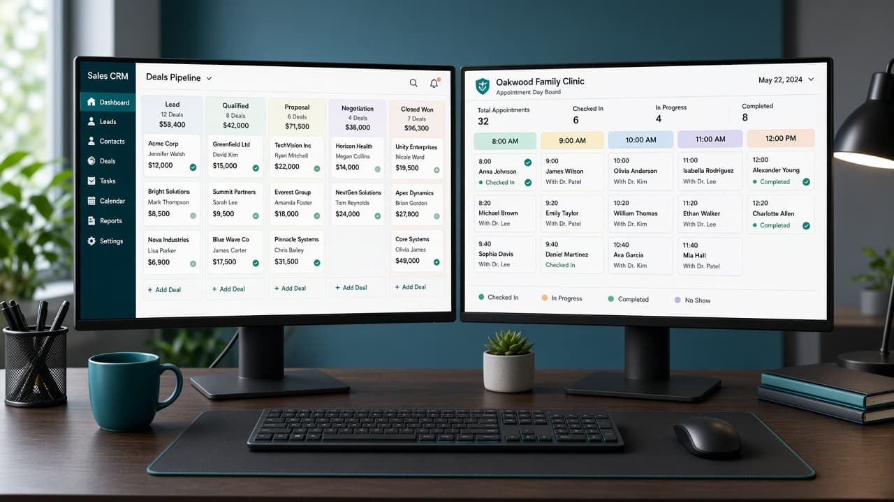 Sales CRM screen contrasted with a clinic appointment board